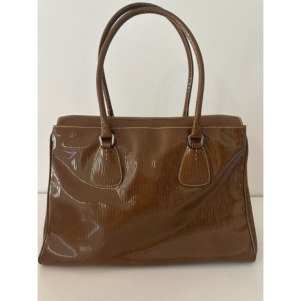 Prada Patent Leather Tote Brown Ribbed Top Handle Bag